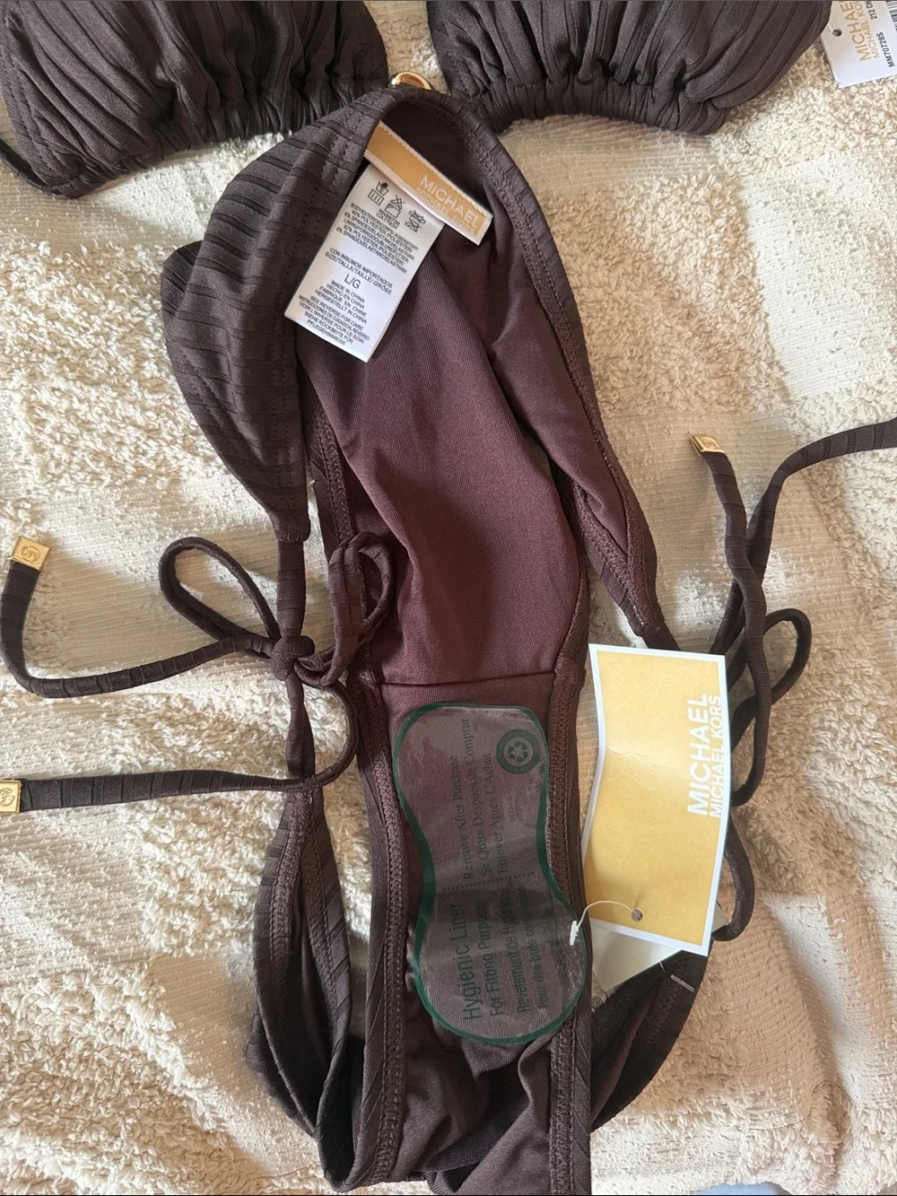 Michael Kors Dark Brown Ribbed Triangle Bikini Set